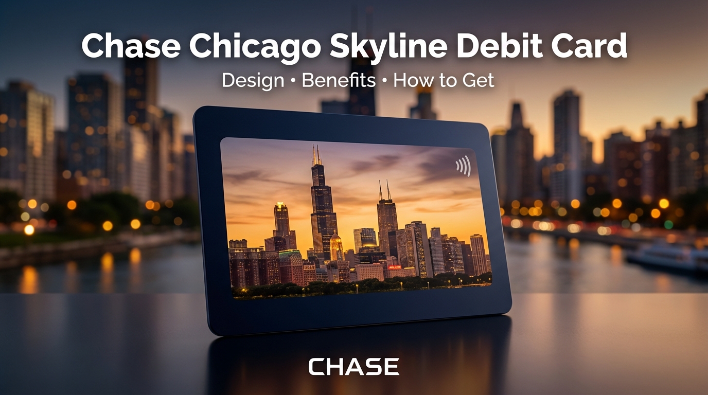 Create a hyper-realistic 16:9 wide image of a modern debit card inspired by a major U.S. bank, featuring a beautiful Chicago skyline design on the card. The card should be placed slightly tilted in the foreground with a blurred Chicago skyline city background at sunset. Warm golden hour lighting reflecting on skyscrapers, premium banking aesthetic, ultra high detail, cinematic depth of field, realistic shadows, professional financial magazine style. The debit card should look sleek, dark blue or navy, with contactless symbol visible. No copyrighted logos. Clean modern typography style. Add bold headline text on image: “Chase Chicago Skyline Debit Card” Below it in smaller text: “Design • Benefits • How to Get” High contrast text, easy to read, premium fintech look.